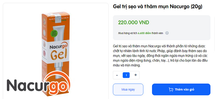 Nacurgo gel hiện có bán tại Pharmacity với mức giá 220.000 VNĐ/ tuýp 20g